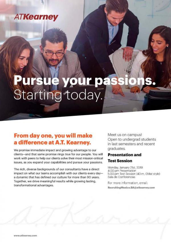 Bolsa de Trabajo invita a la presentación y aplicación de examen de A.T. Kearney