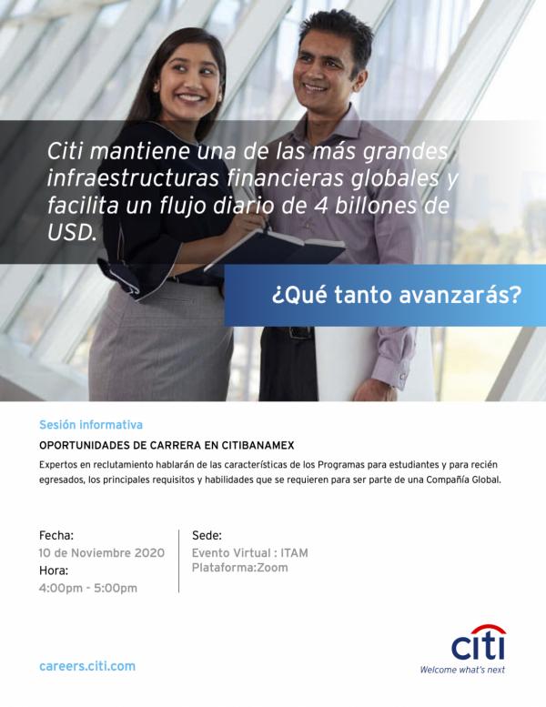 Póster Career Services del ITAM invita a la sesión de reclutamiento remota de Citibanamex