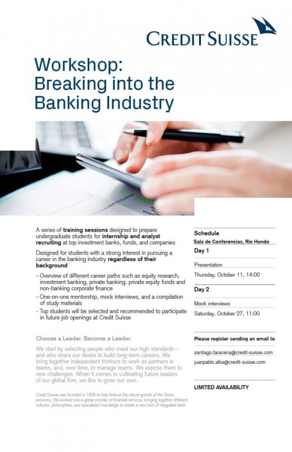 Bolsa de Trabajo invita al workshop: Breaking into the Banking Industry de Credit Suisse